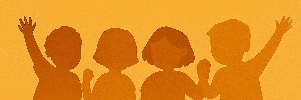 Drawing of four children waving