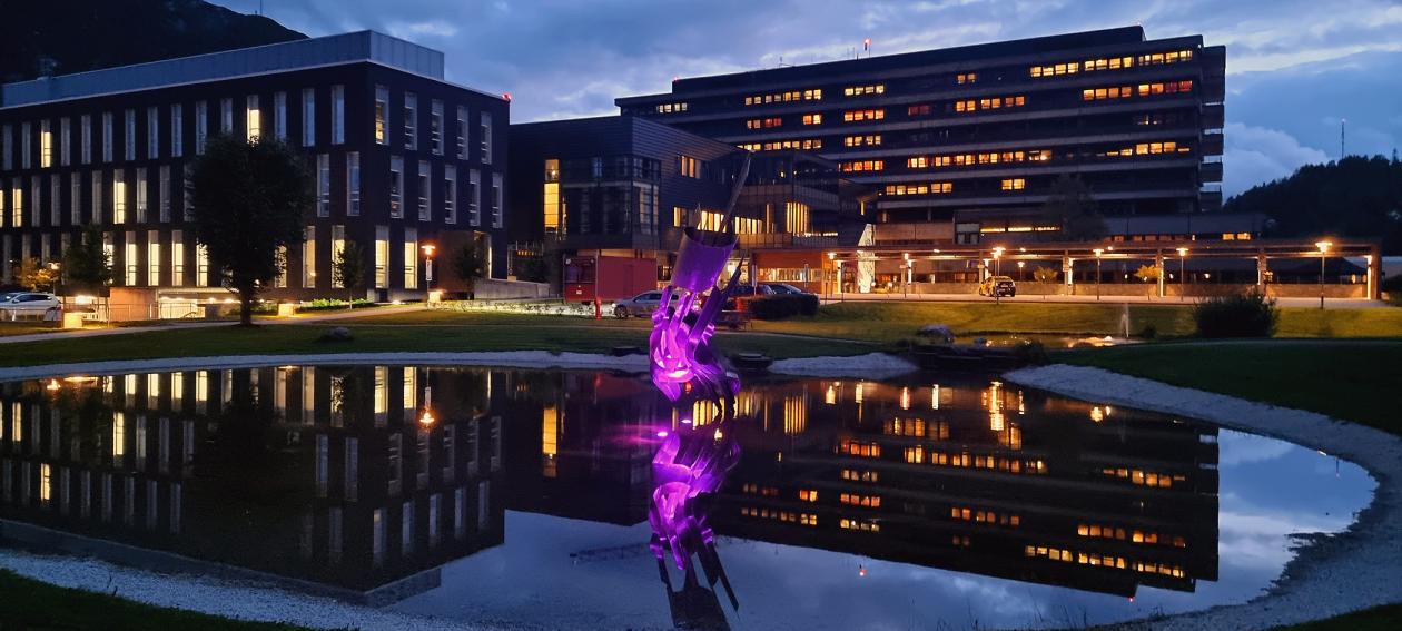 Lysskulptur utenfor campus Førde, i skumringstid