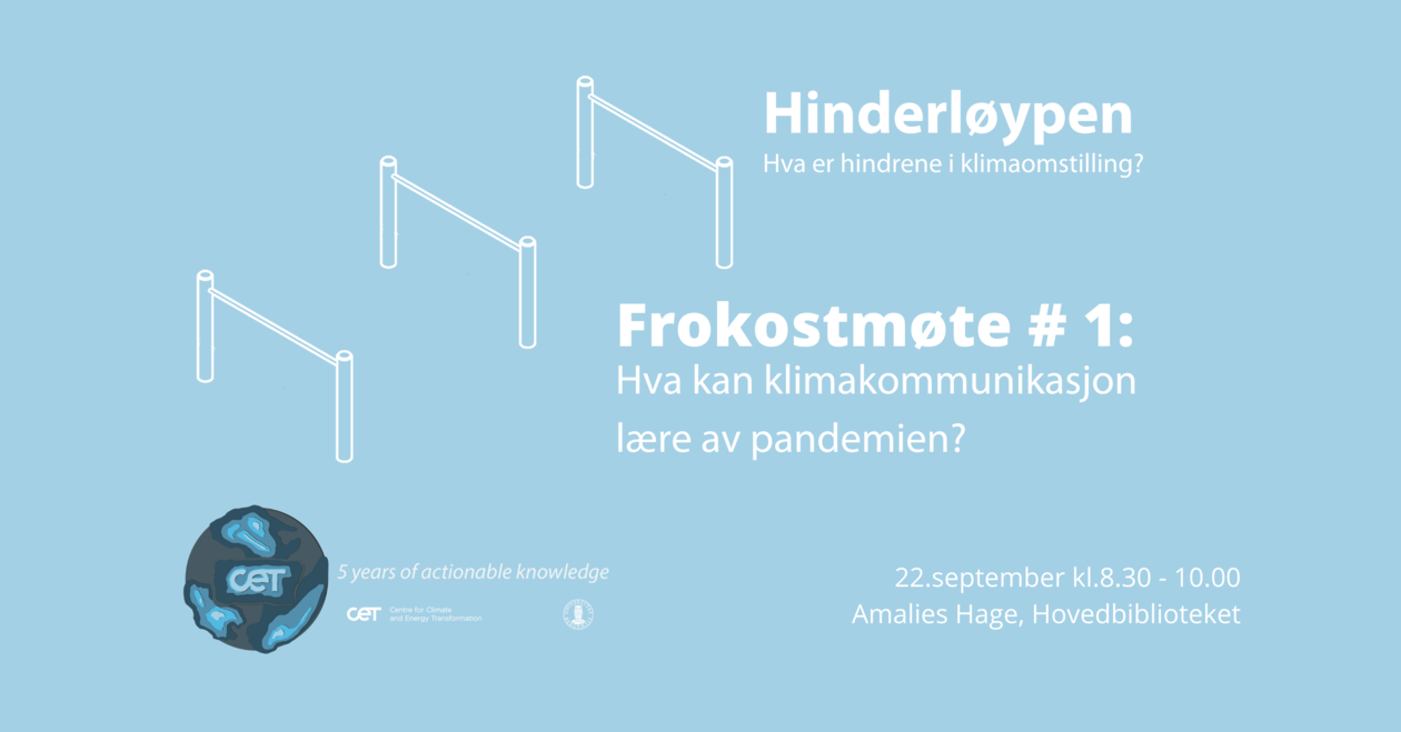 blue background with images of obstacles with text in norwegian "Hinderløypen. Frokostmøte #1