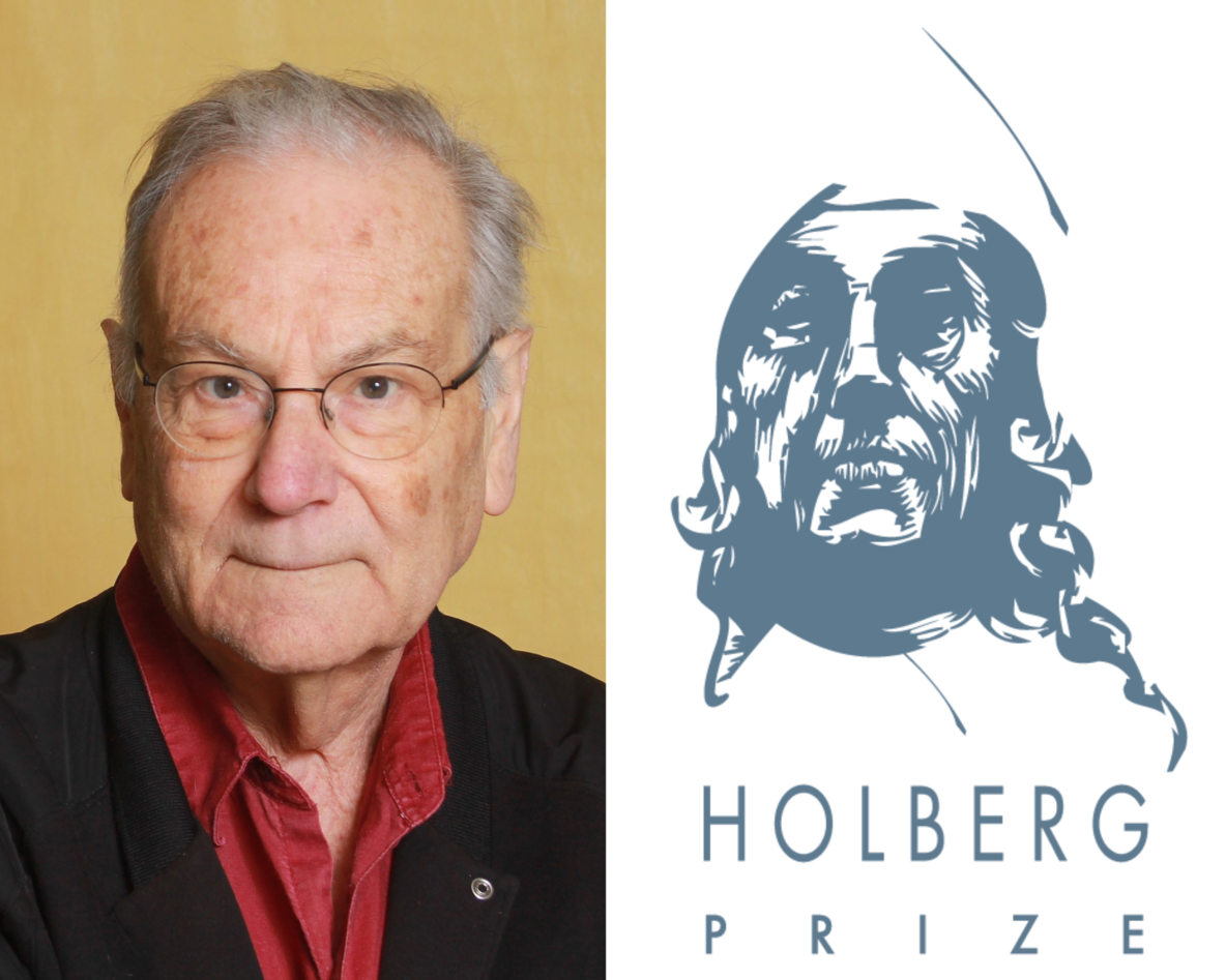 Picture of Joan M. Alier and the logo of the Holberg Prize