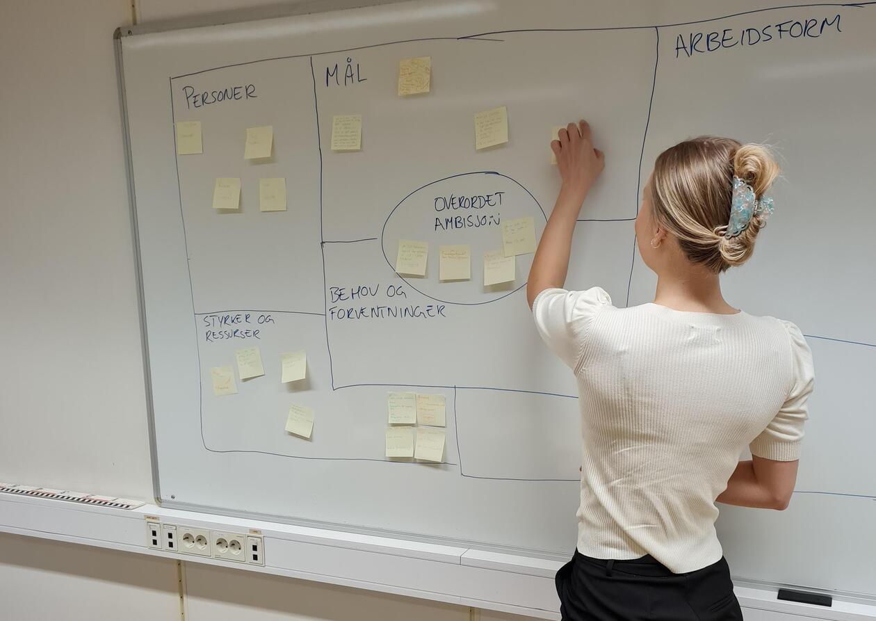 En student klistrer post-it lapper på en tavle