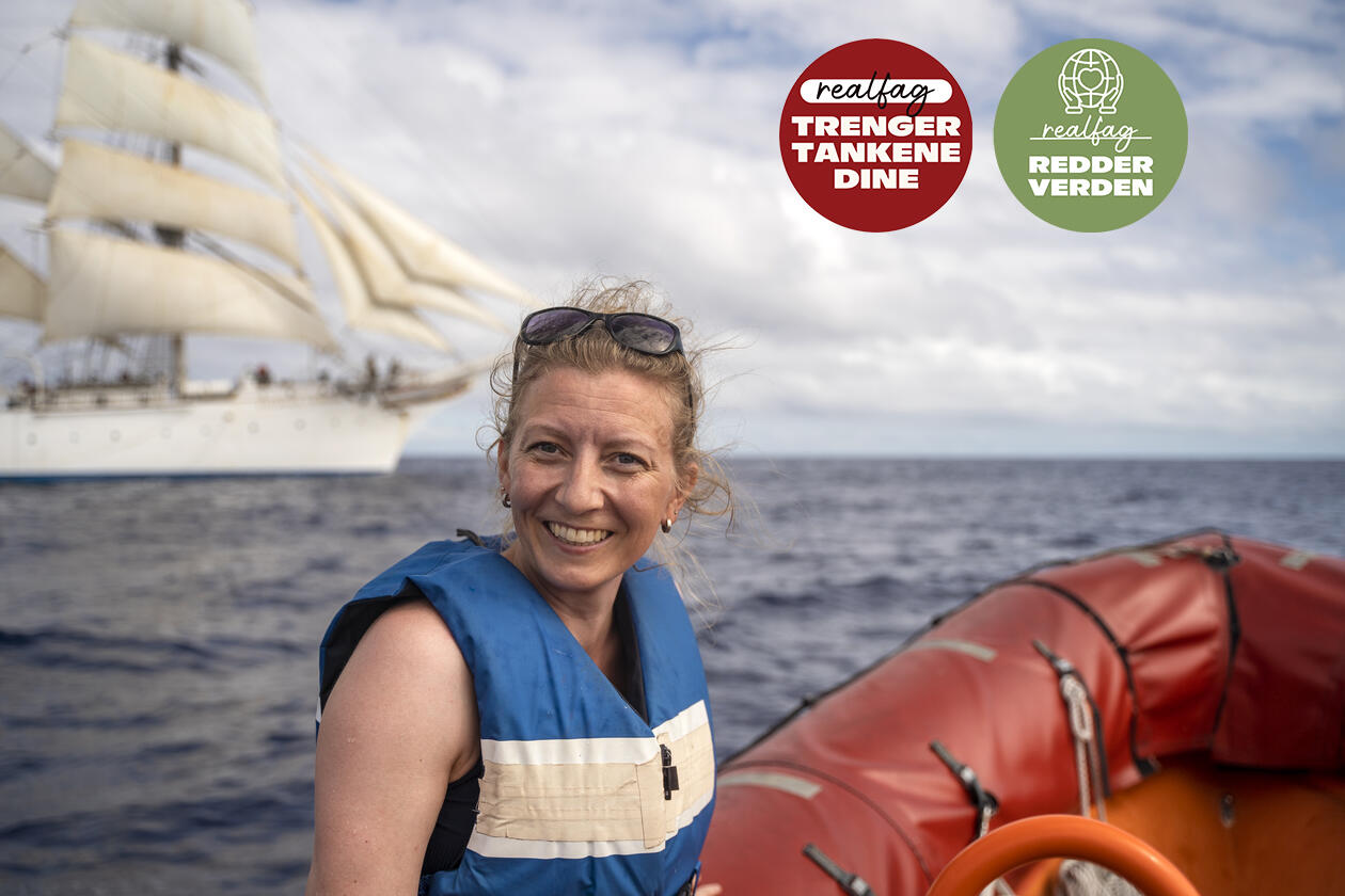 Katja Enberg ombord i Statsraad Lehmkuhl underveis over Stillehavet.