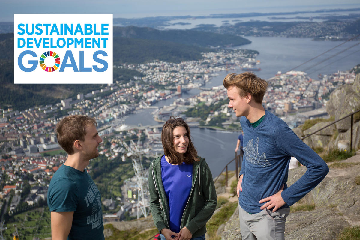 Studenter på fjellet Ulriken med Bergen sentrum i bakgrunnen.