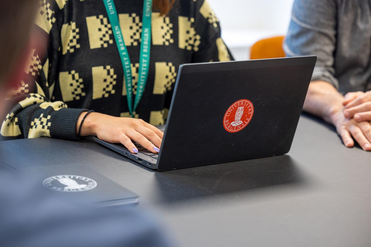 Ansatte sitter rundt et bord og jobber sammen på laptop med UiB-logo. 