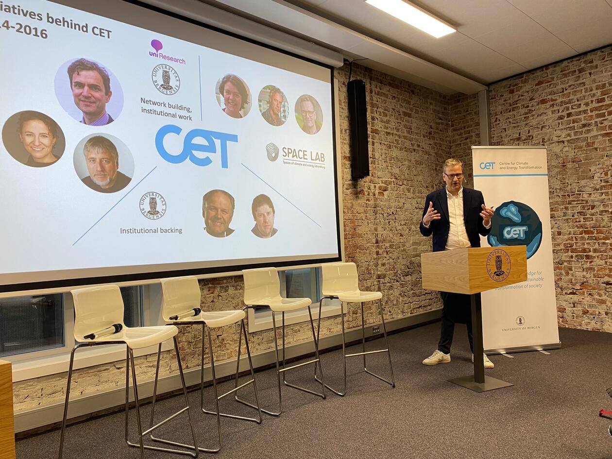 Håvard Haarstad with a presentation of CET at the 5 year anniversary