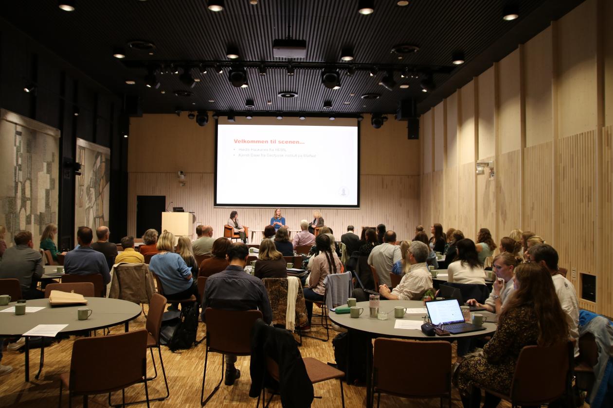 Sal med folk foran en scene