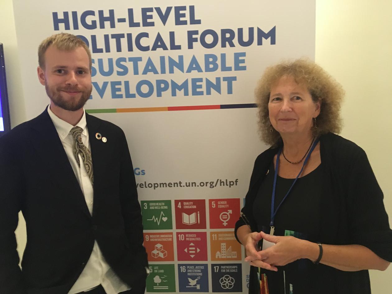 Victoria W. Thoresen (right) and Jakob Grandin at the UN high-level political forum in July 2018, where they co-arranged a workshop on SDG11 as part of building a global network for sustainability.