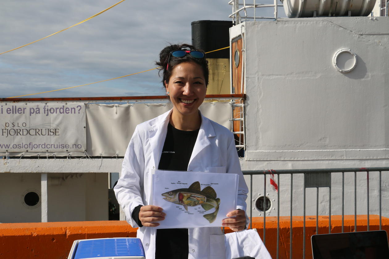 Zhanna Tairova posing with a picture of a cod