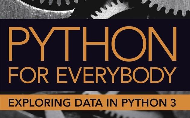 Utklipp av bokforside med tannhjul i bakgrunnen og teksten "Python for everybody - Exploring data in Python 3"