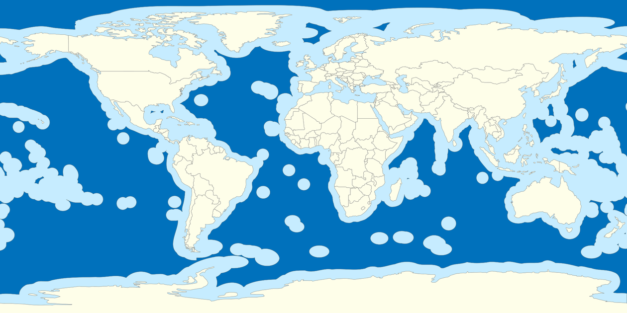 Map showing the world's oceans and the 200 miles Exclusive Economic Zones (EEZs) and High Seas beyond national jurisdiction.
