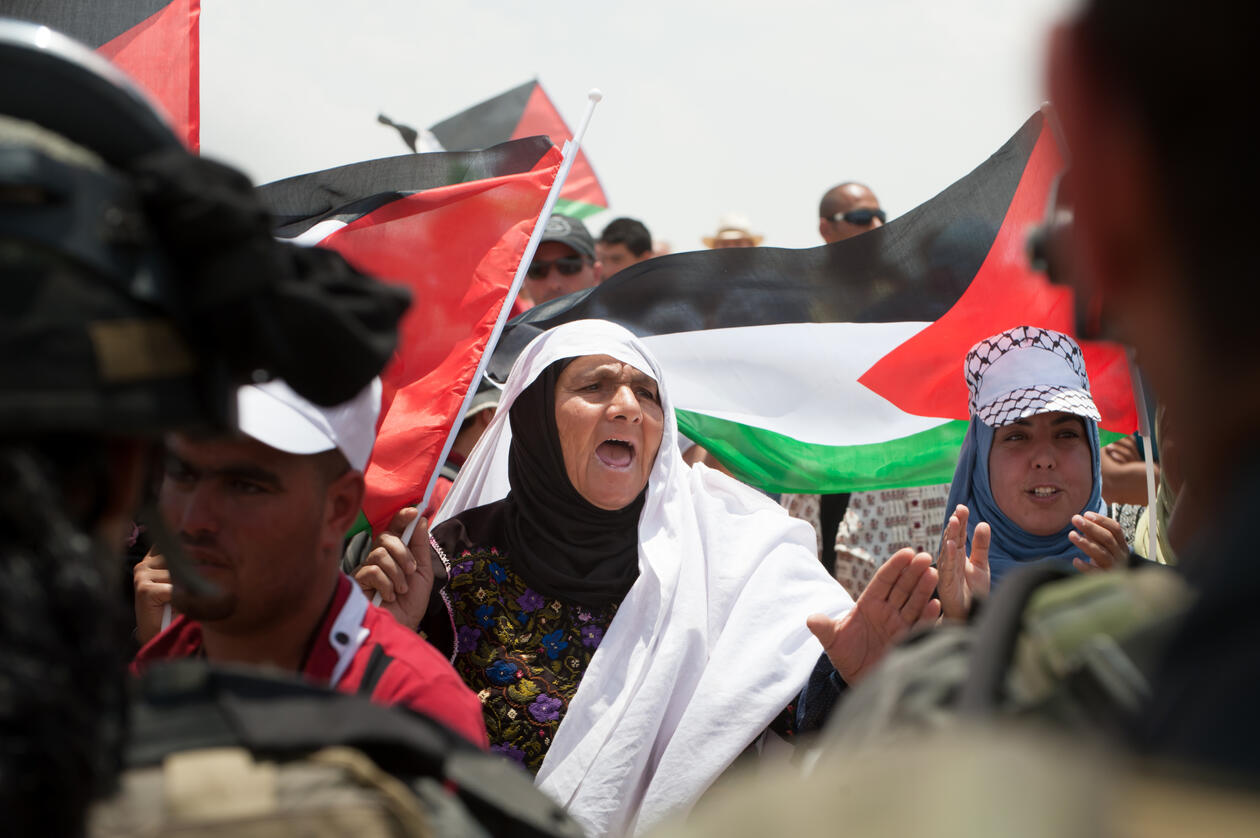 Palestinian women confront Israeli soldiers in a demonstration near Susya in the South Hebron Hills.