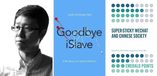 Portrait of Jack Qiu alongside the covers of his two most recent books.