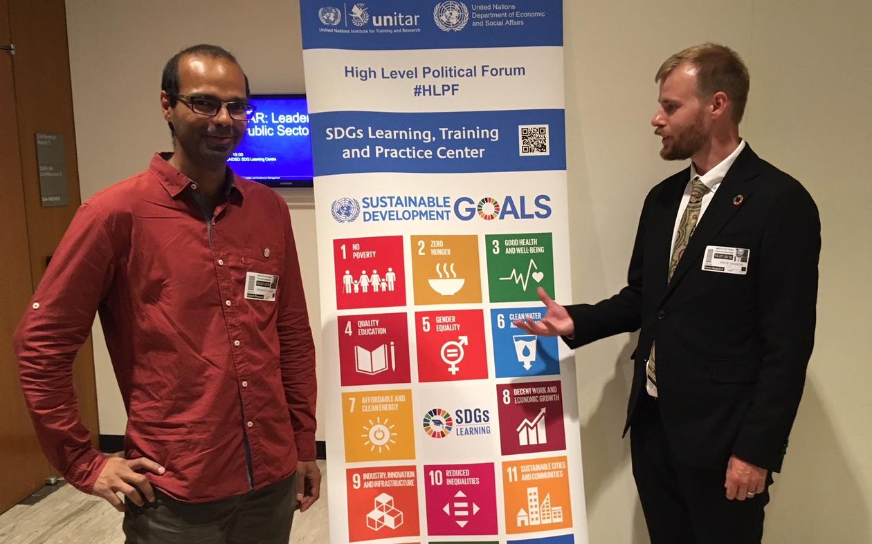 Siddharth Sareen (left) and Jakob Grandin from the University of Bergen outside Conference Room 5 in the UN building in July 2018.