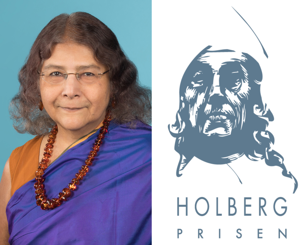 To the left: A woman with dark hair, glasses, a sari in orange and purple and a red necklace. To the right: A stylized portrait of Ludvig Holberg in white and grey and the words Holbergprisen below