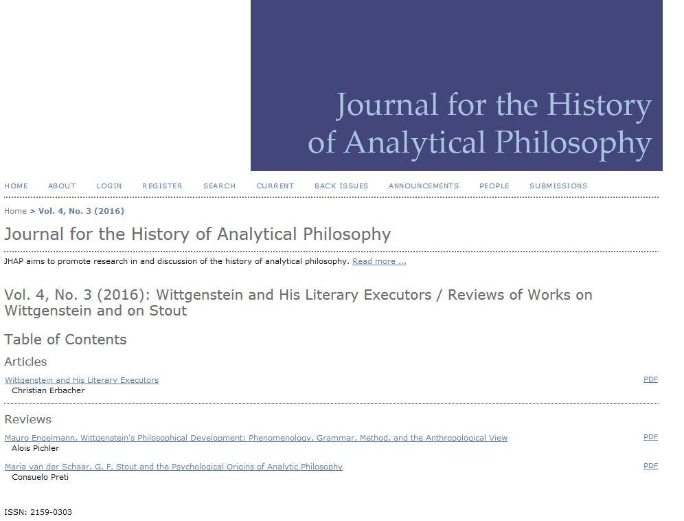 Skjermbilde fra forsiden til Journal for the History of Analytical Philosophy