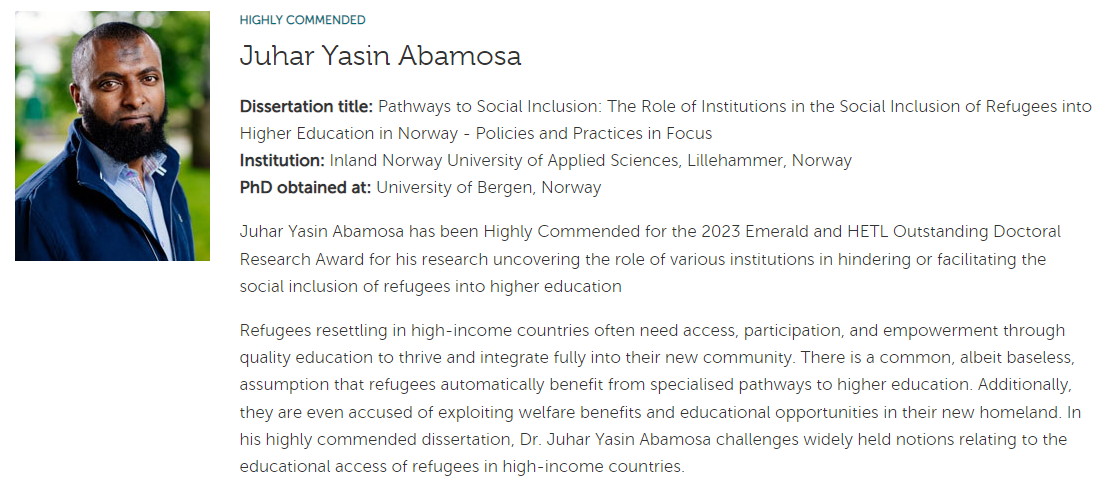 Skjermbilete av Juhar Yasin Abamoso frå nettsida til Emerald Publishing