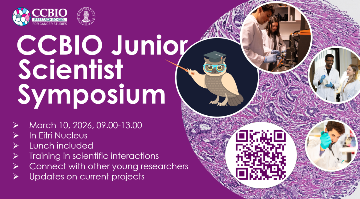 An owl pointing to the name and date of the symposium.