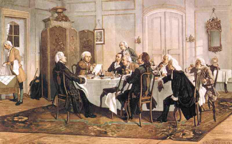 Kant and his table companions. Colored wood engraving by Klose & Wollmerstaedt