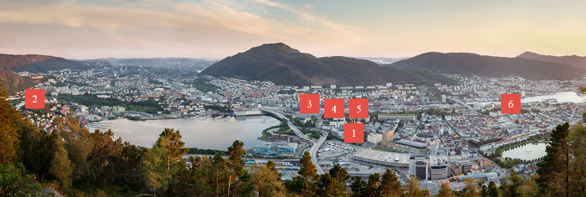 Oversiktsbilde av Bergen med markeringer for fysisk plassering av klyngene.