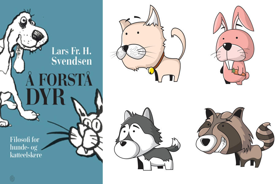 Bilde av bokomslaget samt fire tegneseriefigurer av dyr