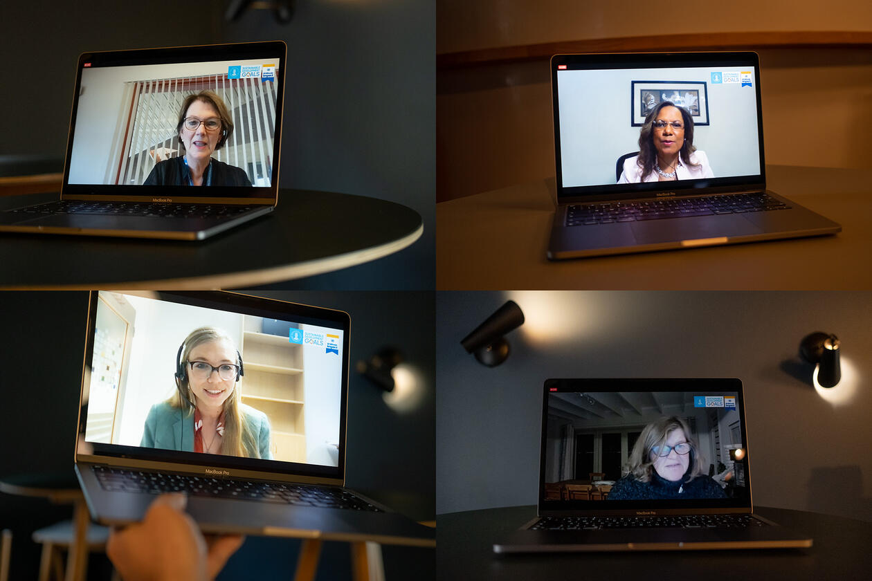 Panel at side event, High-level Political Forum 2021 at United Nations. Clockwise from top left corner: Lise Øvreås, Stacy Richards-Kennedy, Isabelle Ansorge and Natalya Gallo.