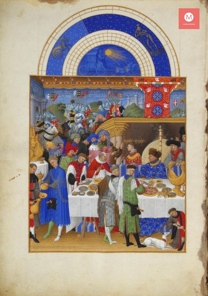 En illustrasjon fra et manuskript fra 1400-tallet som viser en bankett.