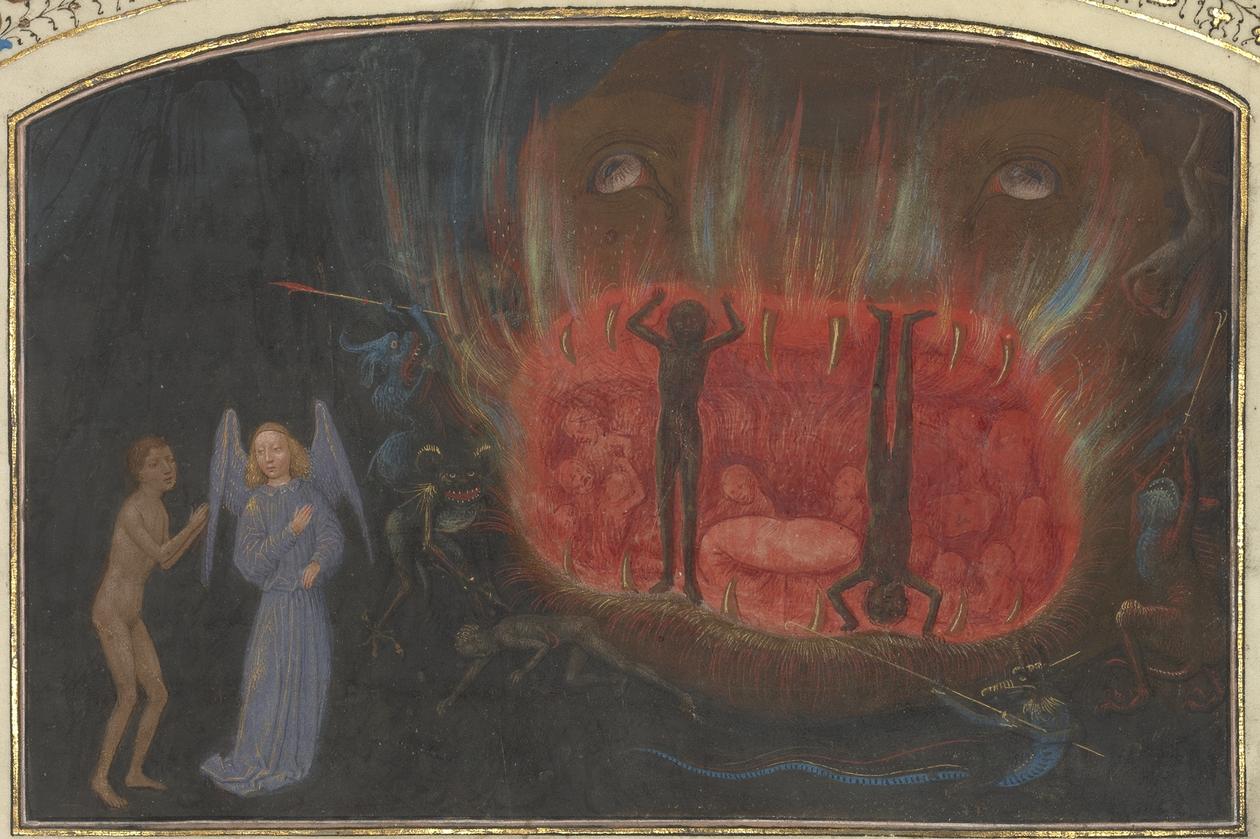 illustrasjon av visjons reise gjennom helvete, fransk håndskrift fra 1400-tallet
