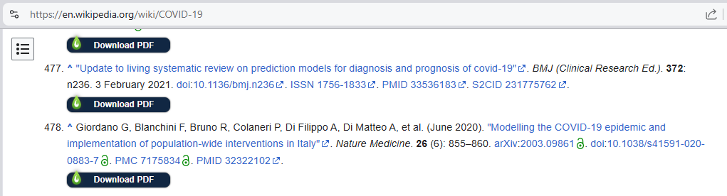 Screenshot from Wikipedia page about Covid-19 showing LibKey Nomad buttons with links to PDF