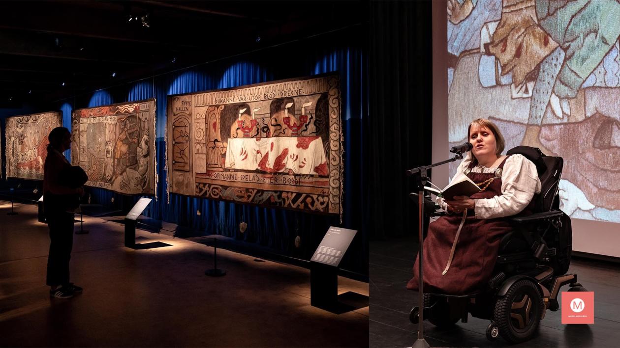 Bilde av Linda Sandhåland på scenen ved siden av teppebilde.