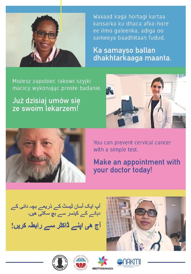 Plakat på flere språk om oppfordring å bestille time hos lege i dag