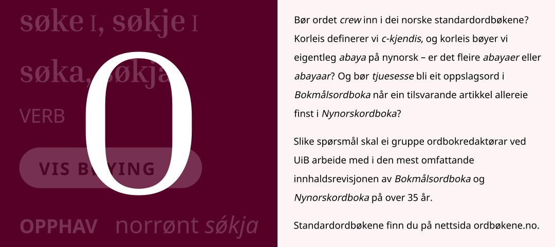 Bør ordet crew inn i dei norske standardordbøkene? Korleis definerer vi c-kjendis, og korleis bøyer vi eigentleg abaya på nynorsk – er det fleire abayaer eller abayaar? Slike spørsmål arbeider vi med i innhaldsrevisjonen av ordbøkene ved UiB.