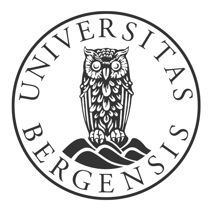 UiB sin logo, sirkel med ugle i midten, svart mot hvitt