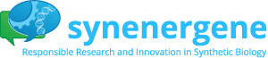 SYNENERGENE logo: Two speech bubbles, green and blue, where the blue one includes a cog and a DNA spiral. The project short and full names are cited in blue.