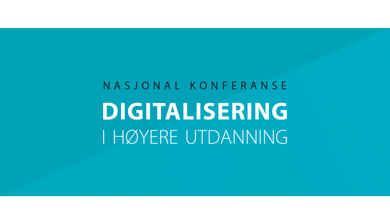 Blå plakat med teksten Nasjonal konferanse Digitalisering i høyere utdanning