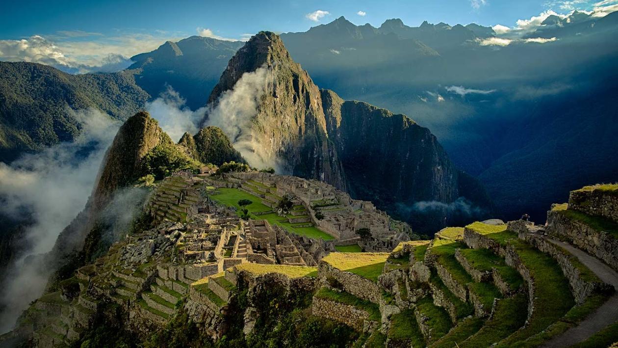 An aerial view of the abandoned Inca town of Machu Picchu in Peru