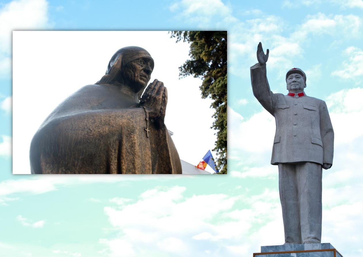 Mao og Mother Theresa statues in Yunnan, China and Skopje, Macedonia.