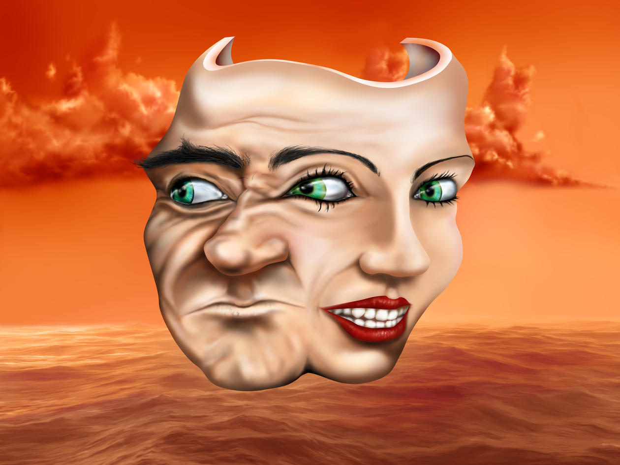 En m maske som representerer blandede følelser gmed en blid og en betenkt munn (samt tre øyne og to neser) mot oransjefarget horisont med himmel og hav