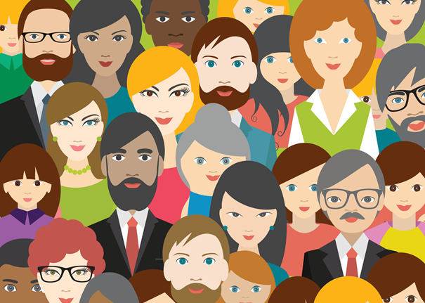 Tegning av hodene til en kvinner og menn med ulike farger på både hår, øyne og hud.