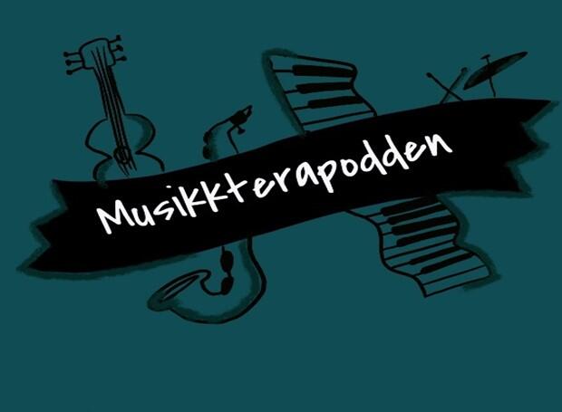 Logoen til podcasten "Musikkterapodden". Det er bilde av fire instrumenter