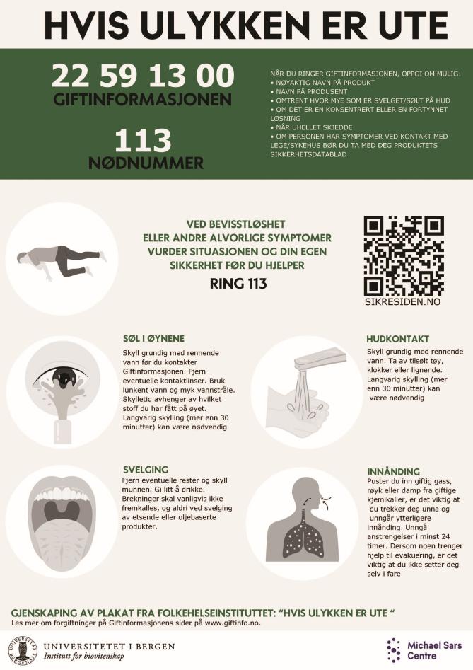 Poster med nøkkelinformasjon inkludert essensielle telefonnumre om hva du skal gjøre ved uhell på laboratoriet