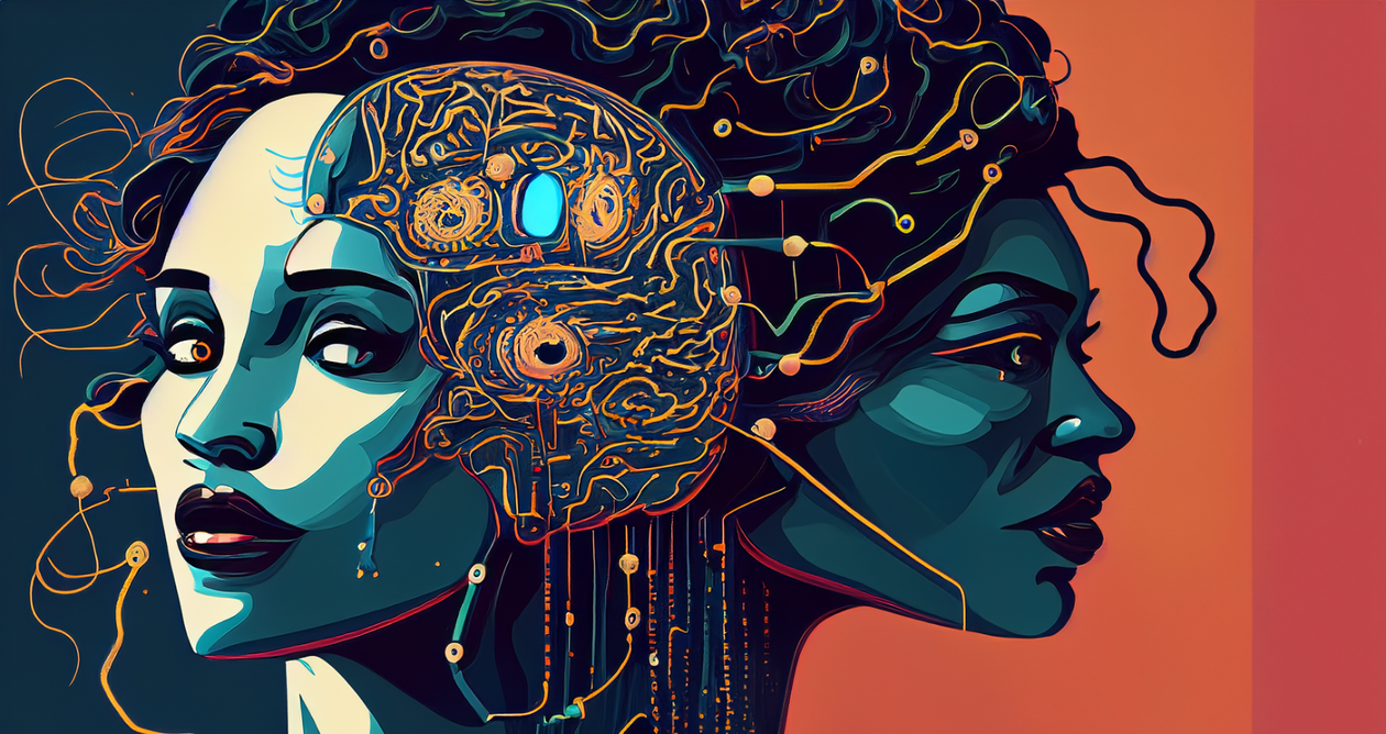Artistic illustration of a two-faced woman with brain sensors.