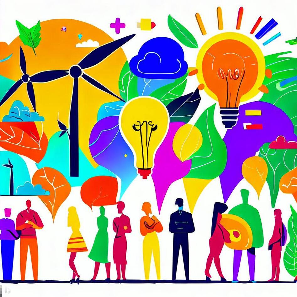Illustrasjonsbilde av mennesker og symboler knyttet til klima og miljø