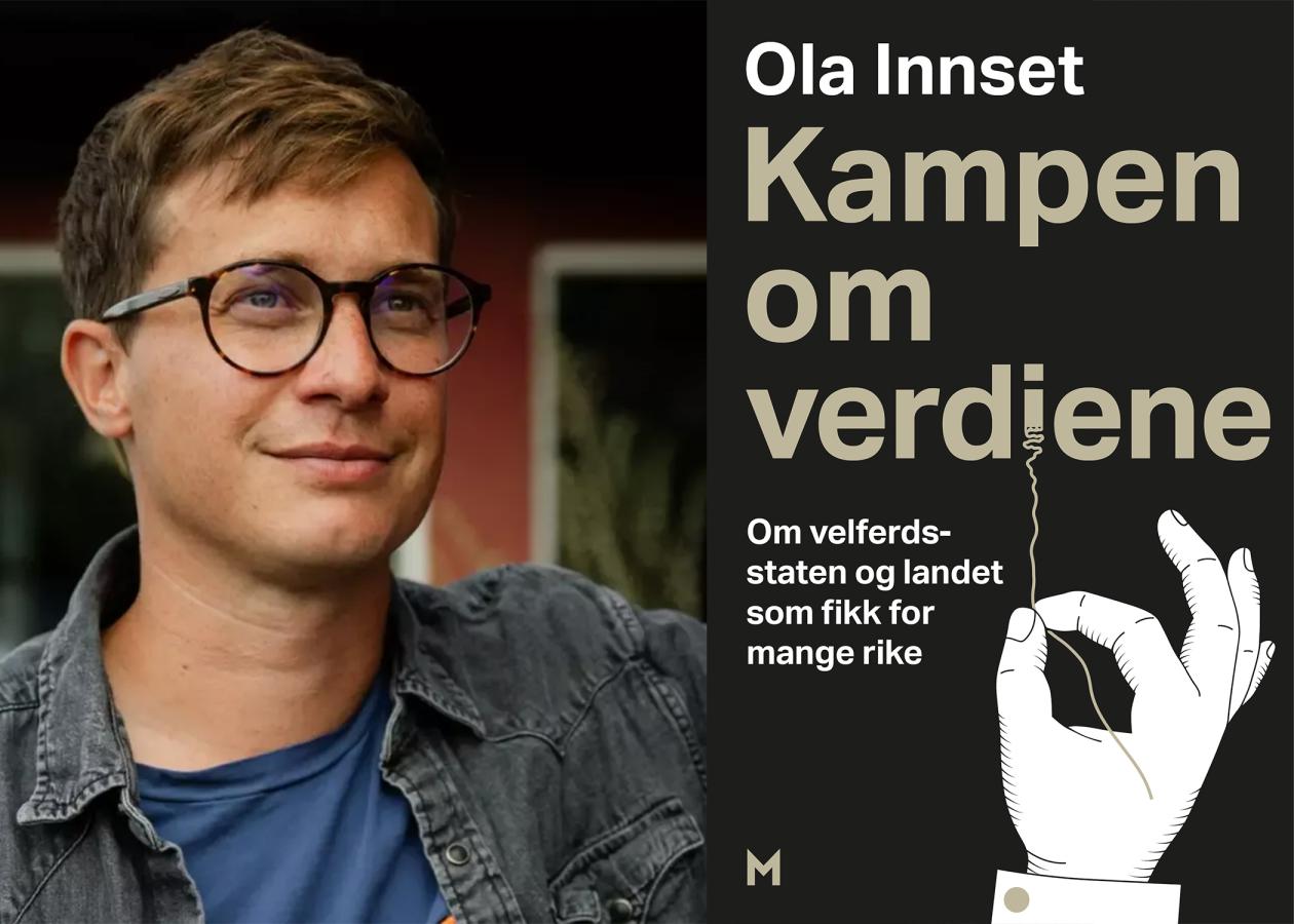 Portrett av Ola Innset og bokomslag