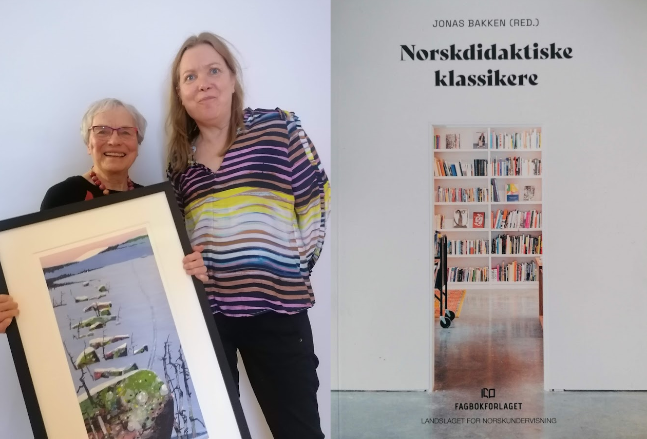Bilde av Olga Dyste og Katrine Krogh + framside av boka Norskdidaktiske klassikere