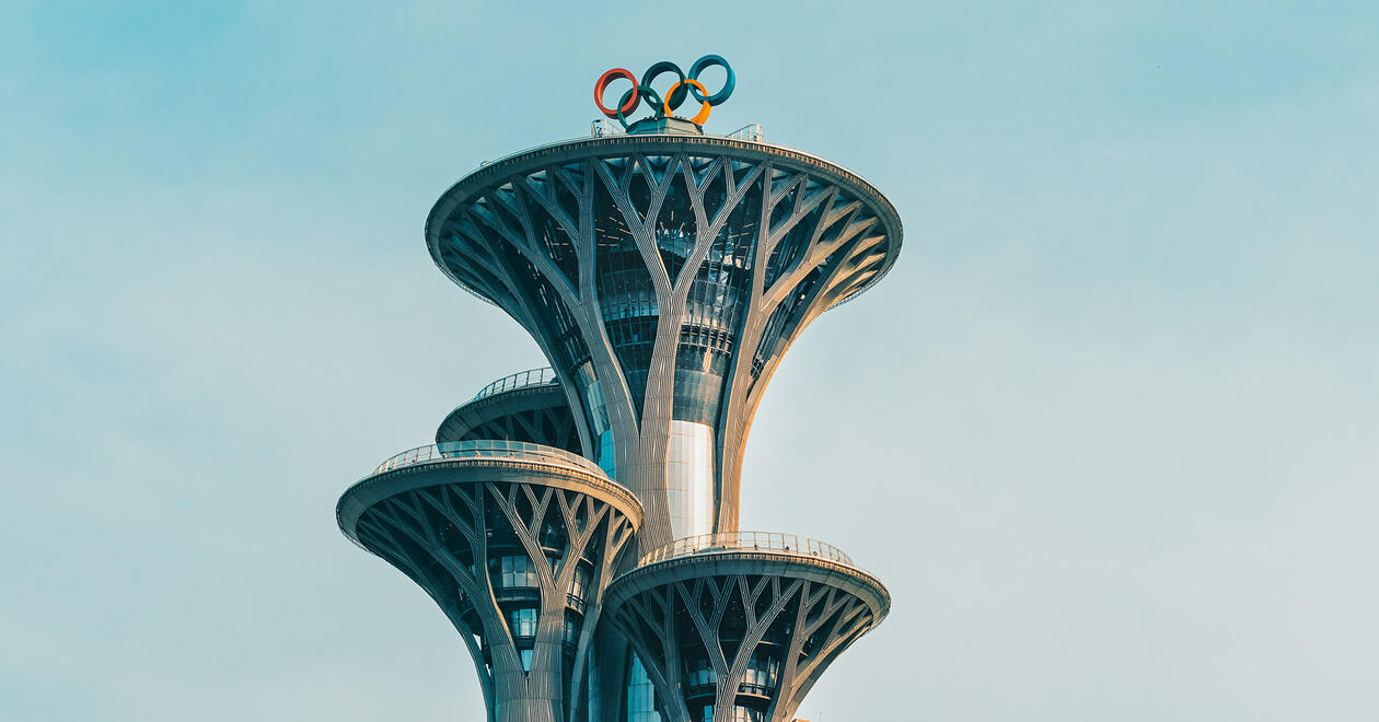 Large Olympic rings on top of a tower