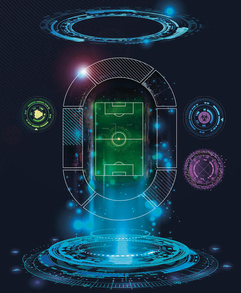 Illustration of a soccer field under a futuristic microscope.