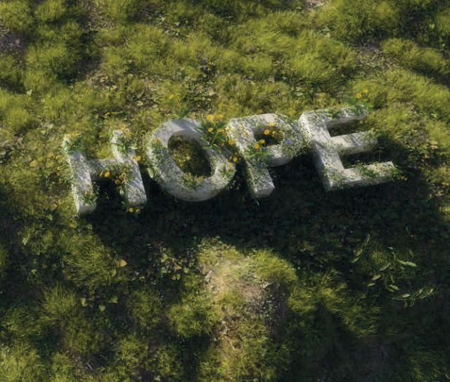 Illustration of overgrown letters on the field, seen from above, spelling HOPE.
