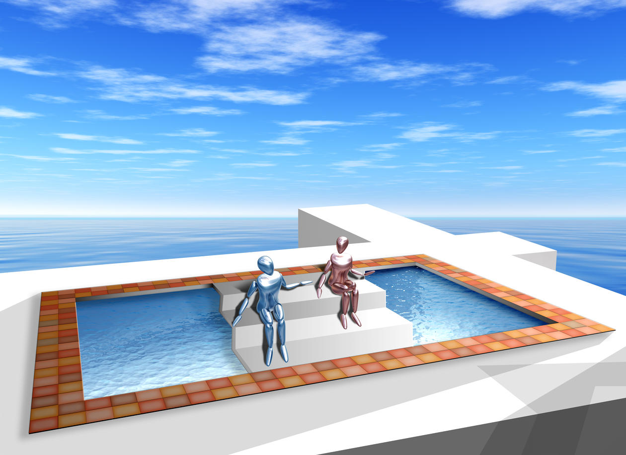 Optival illusion of two peopele sitting on a step that goes over a pool with plane surface