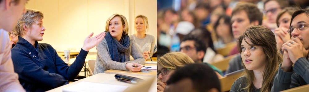 To bilder: et av studenter som diskuterer ved arbeidsbord i et seminarrom og et av studenter som følger med på en forelesning