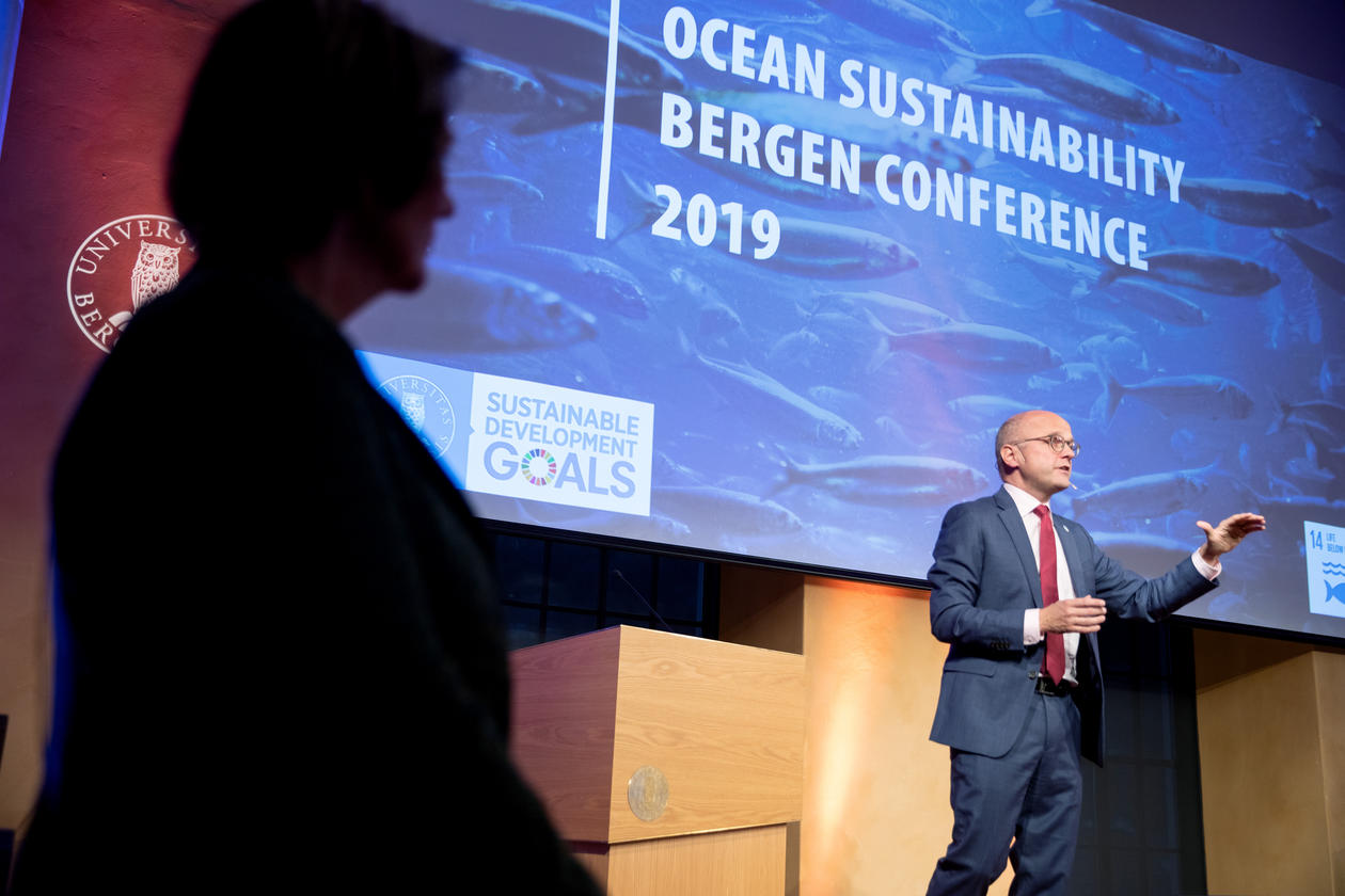 Former Norwegian Minister of Climate and Environment and now ocean diplomat Mr. Helge Vidarsen speaking at the Ocean Sustainability  Bergen Conference in October 2019.